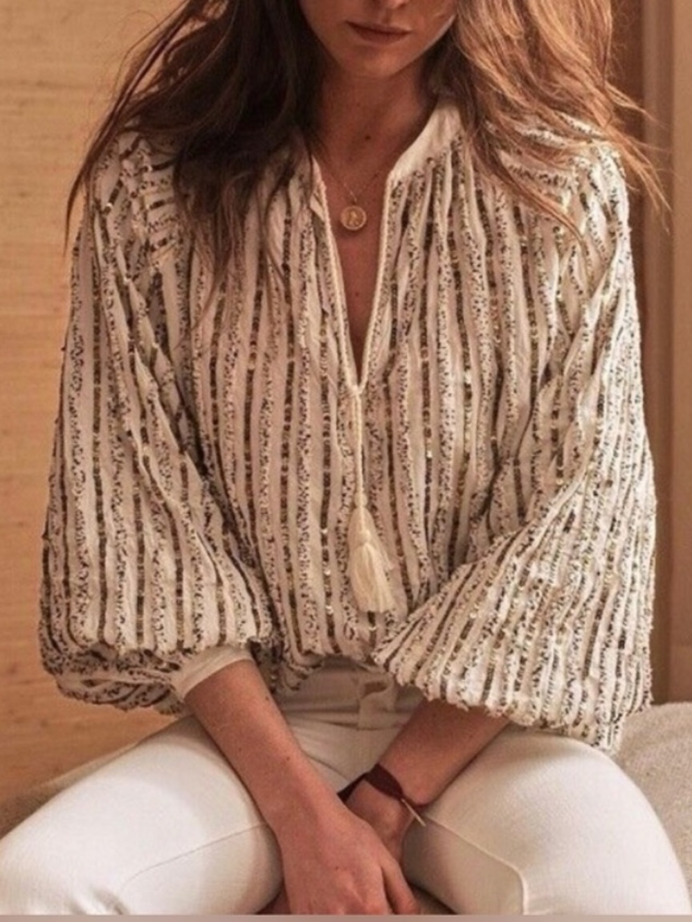 JADE Johnny Was EDEN White + Black Striped Tassel Peasant Top Sequin Stripe Boho